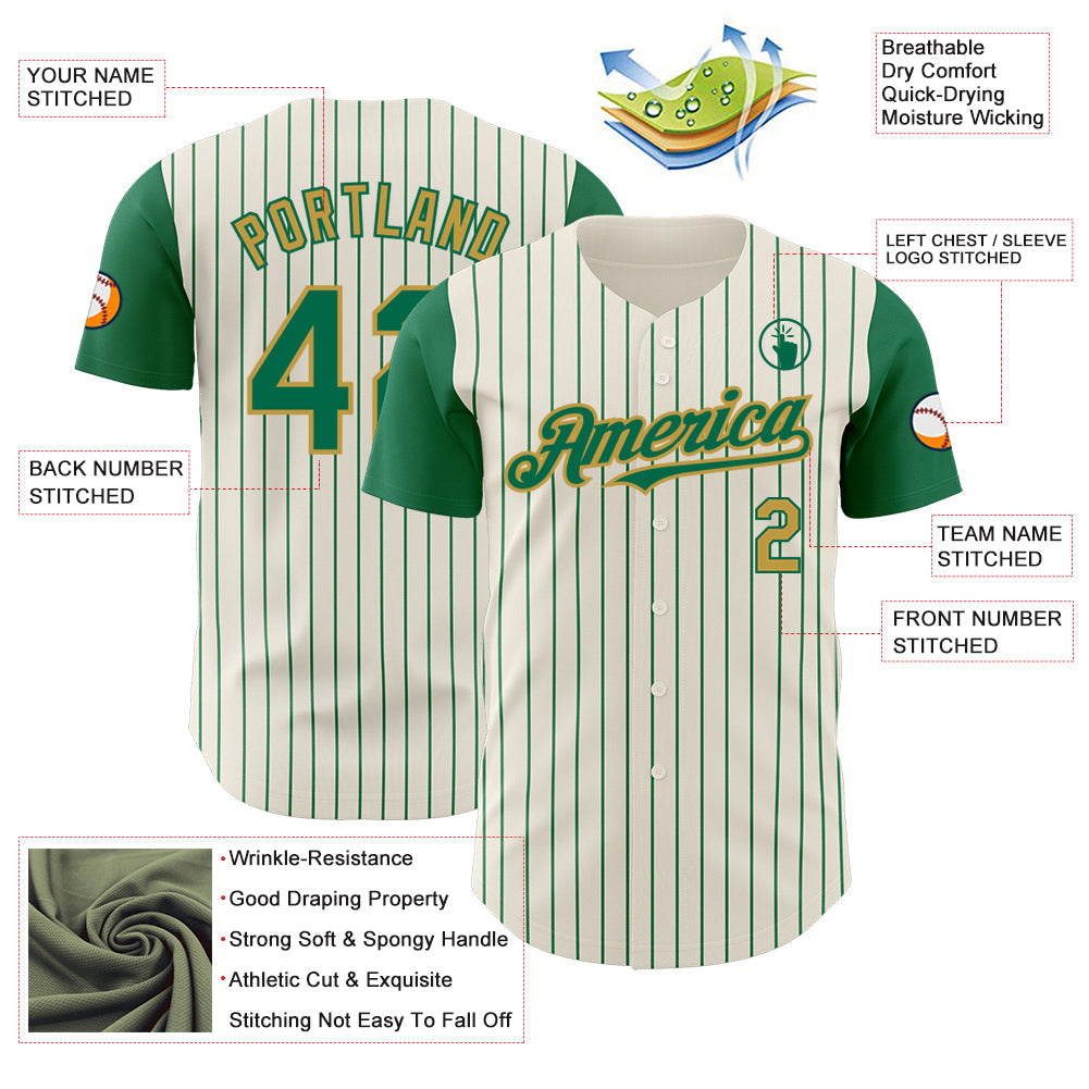 Custom Cream Kelly Green Pinstripe Old Gold Authentic Two Tone Baseball Jersey view 3