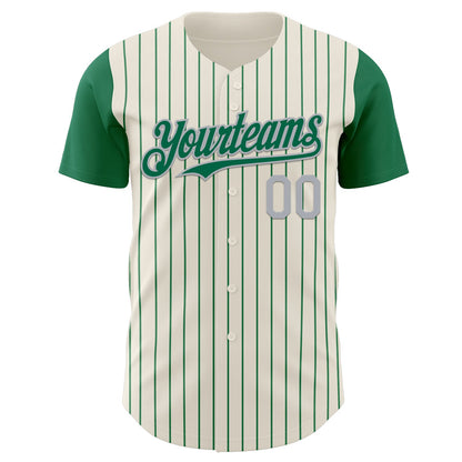 Custom Cream Kelly Green Pinstripe Gray Authentic Two Tone Baseball Jersey view 2
