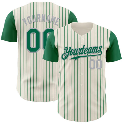 Custom Cream Kelly Green Pinstripe Gray Authentic Two Tone Baseball Jersey - Main View