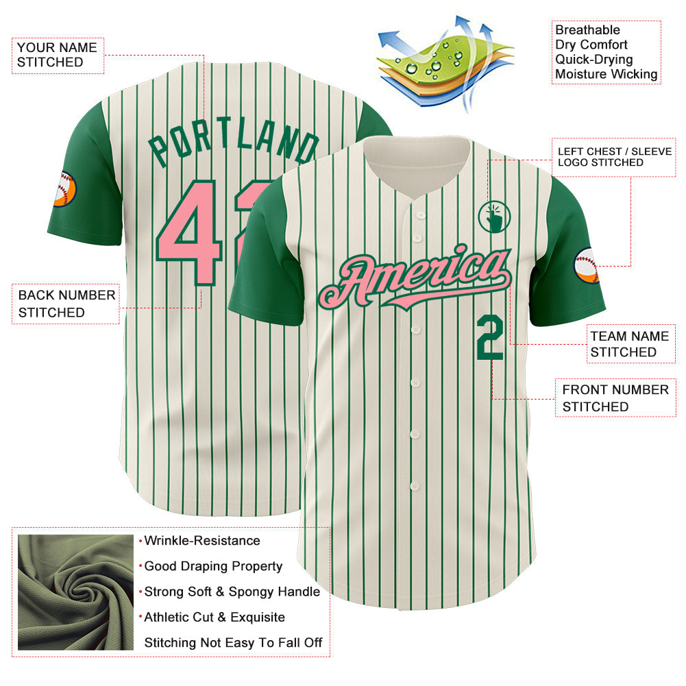 Custom Cream Kelly Green Pinstripe Medium Pink Authentic Two Tone Baseball Jersey view 3
