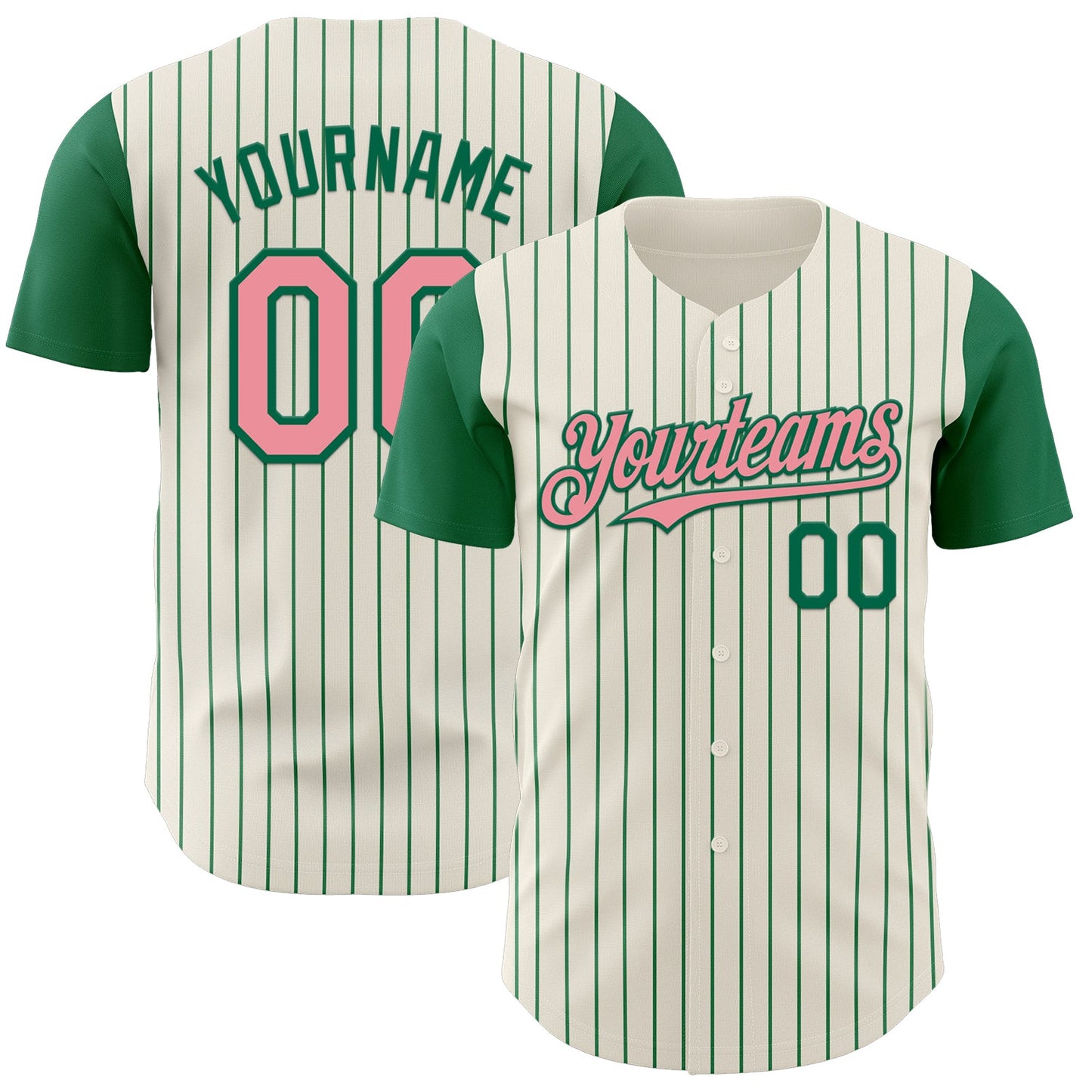 Custom Cream Kelly Green Pinstripe Medium Pink Authentic Two Tone Baseball Jersey - Main View