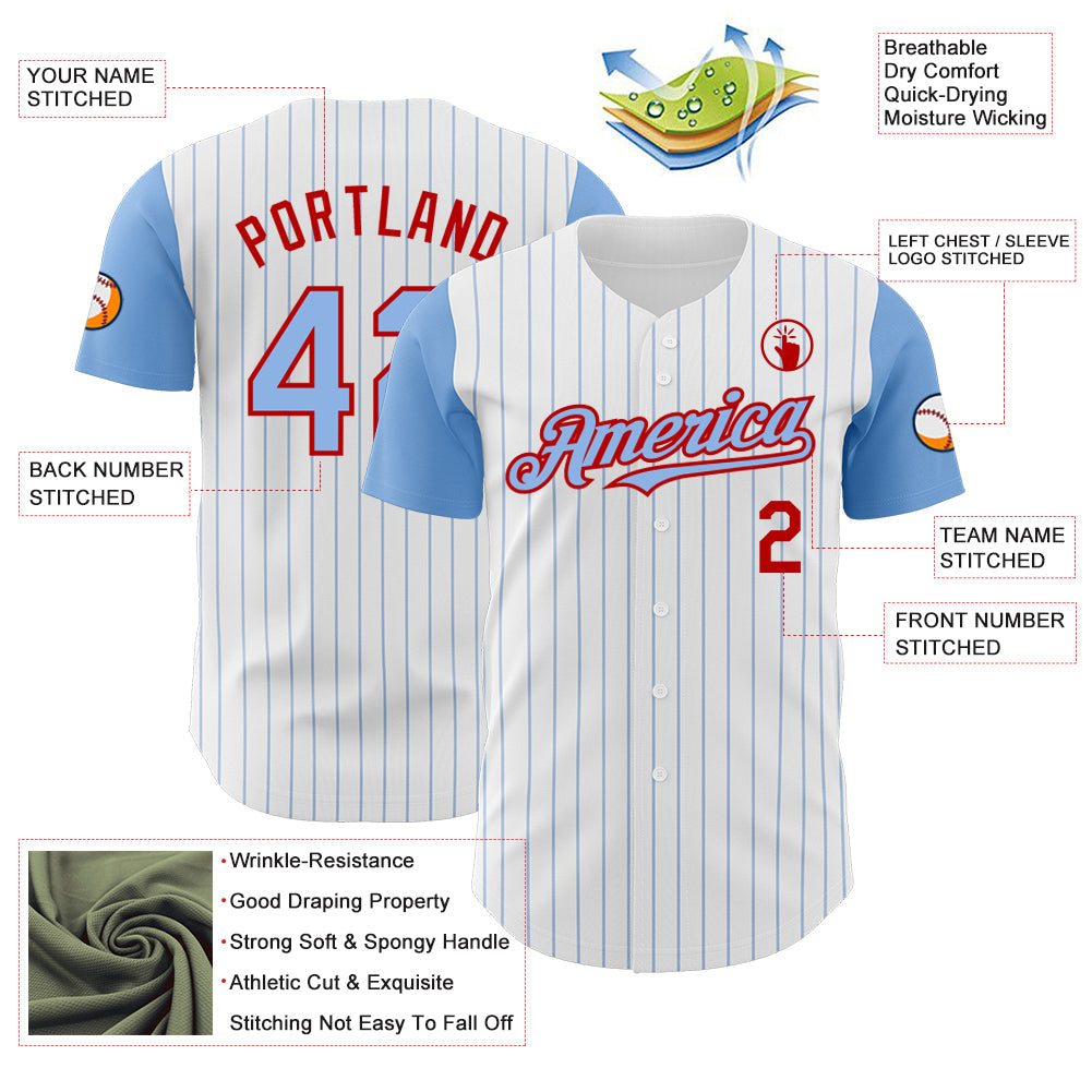 Custom White Light Blue Pinstripe Red Authentic Two Tone Baseball Jersey view 3