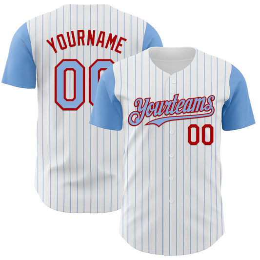 Custom White Light Blue Pinstripe Red Authentic Two Tone Baseball Jersey - Main View