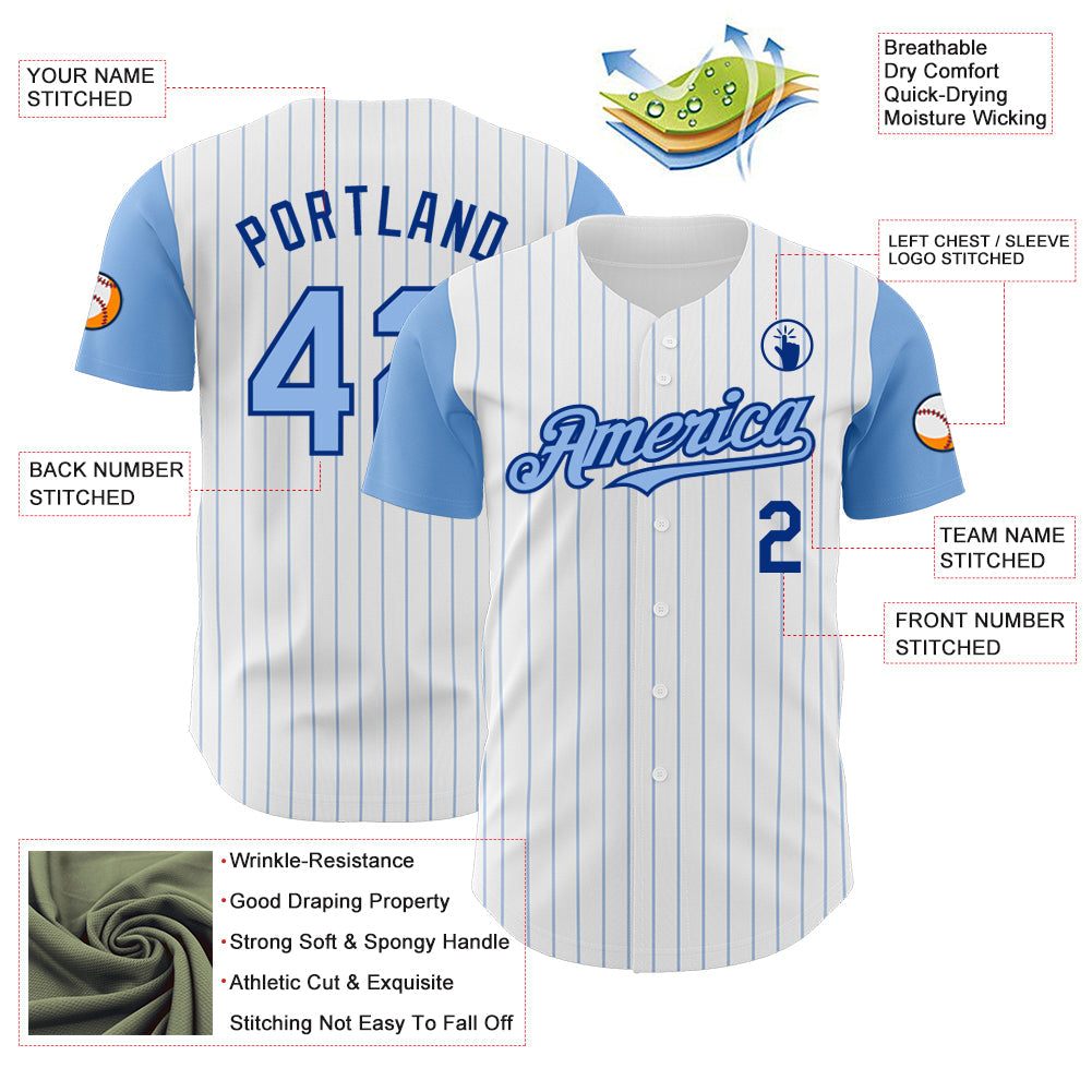 Custom White Light Blue Pinstripe Royal Authentic Two Tone Baseball Jersey view 3