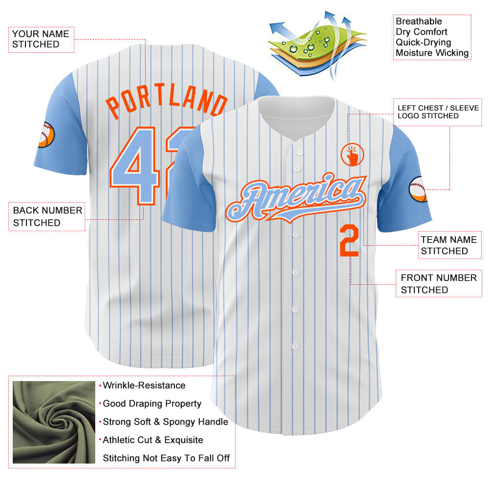Custom White Light Blue Pinstripe Orange Authentic Two Tone Baseball Jersey view 3