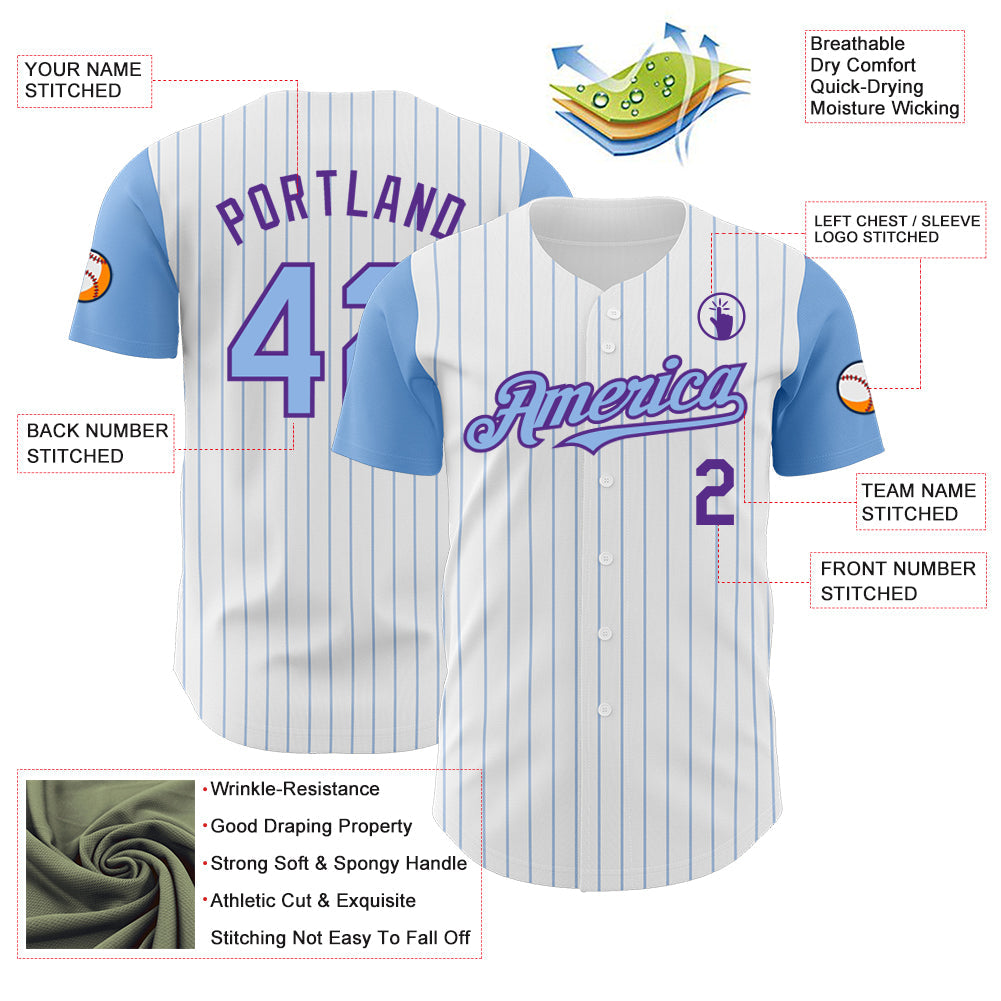 Custom White Light Blue Pinstripe Purple Authentic Two Tone Baseball Jersey view 3