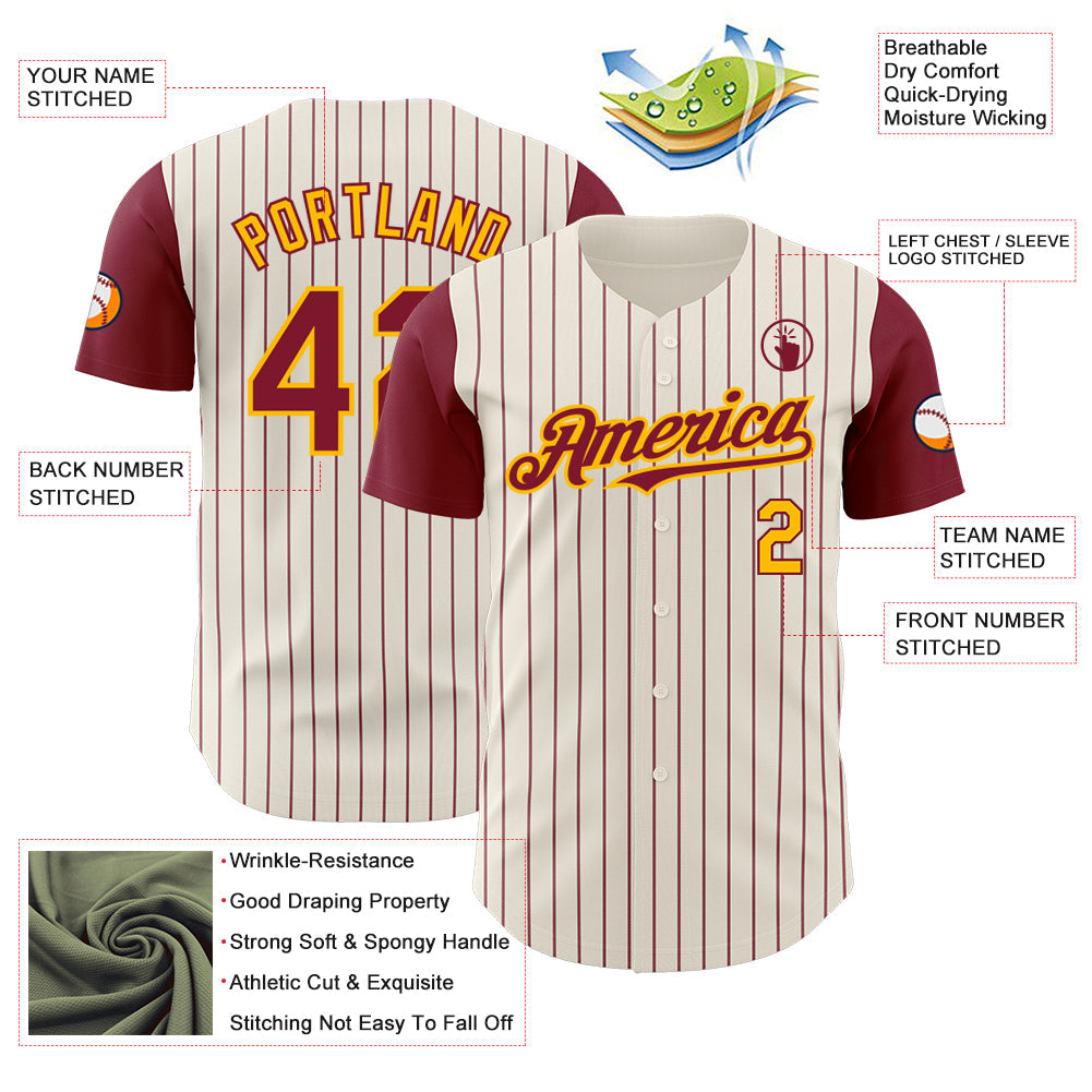 Custom Cream Crimson Pinstripe Gold Authentic Two Tone Baseball Jersey view 3