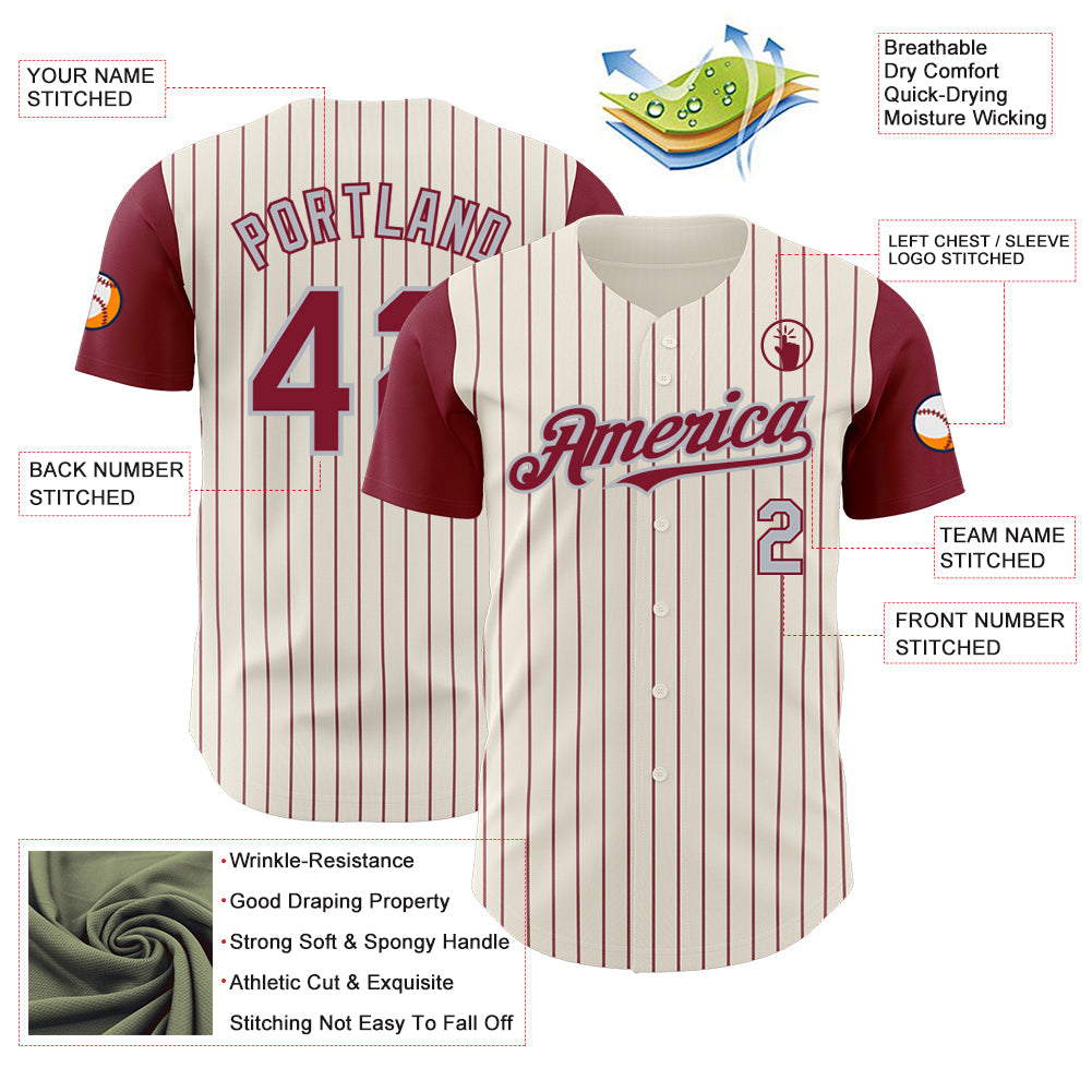 Custom Cream Crimson Pinstripe Gray Authentic Two Tone Baseball Jersey view 3