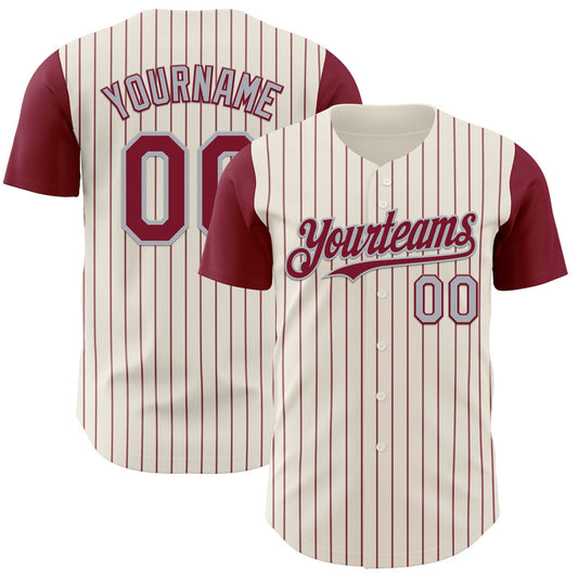 Custom Cream Crimson Pinstripe Gray Authentic Two Tone Baseball Jersey - Main View