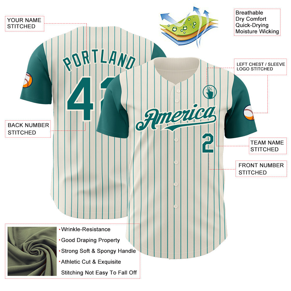 Custom Cream Teal Pinstripe Teal Authentic Two Tone Baseball Jersey view 3