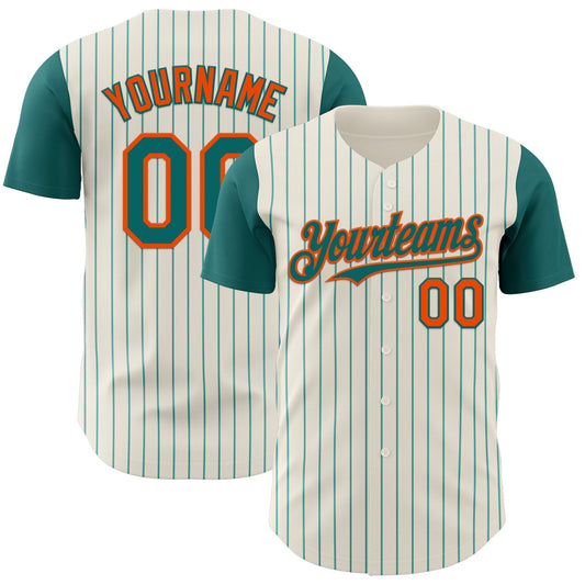 Custom Cream Teal Pinstripe Orange Authentic Two Tone Baseball Jersey - Main View