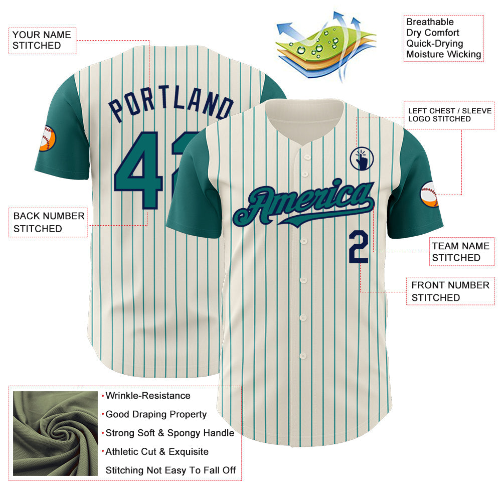Custom Cream Teal Pinstripe Navy Authentic Two Tone Baseball Jersey view 3