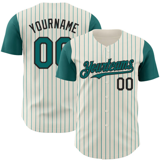 Custom Cream Teal Pinstripe Black Authentic Two Tone Baseball Jersey - Main View