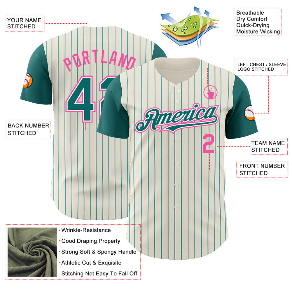 Custom Cream Teal Pinstripe White-Pink Authentic Two Tone Baseball Jersey view 3