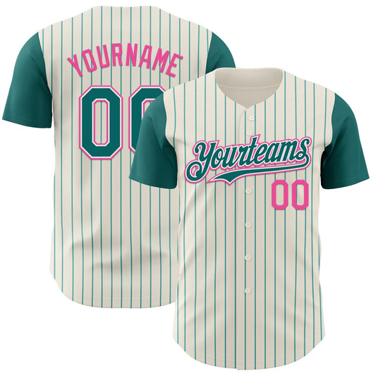 Custom Cream Teal Pinstripe White-Pink Authentic Two Tone Baseball Jersey - Main View