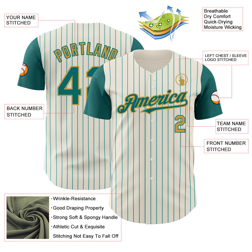Custom Cream Teal Pinstripe Old Gold Authentic Two Tone Baseball Jersey view 3