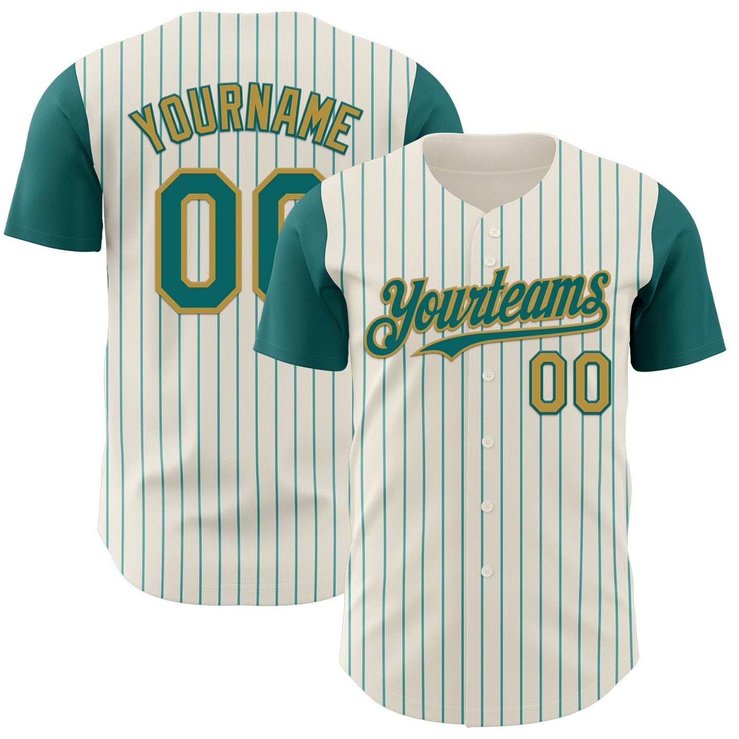 Custom Cream Teal Pinstripe Old Gold Authentic Two Tone Baseball Jersey - Main View