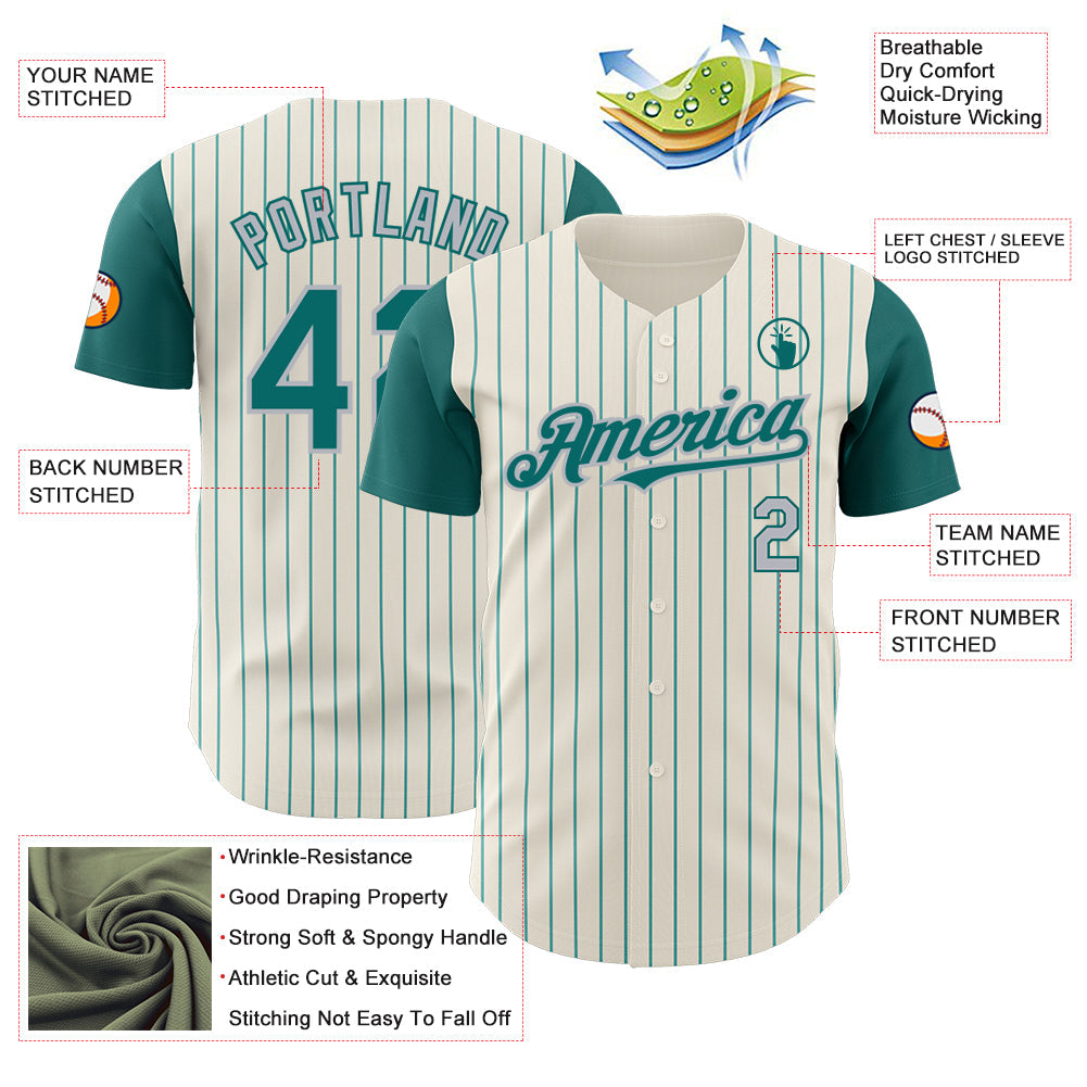 Custom Cream Teal Pinstripe Gray Authentic Two Tone Baseball Jersey view 3