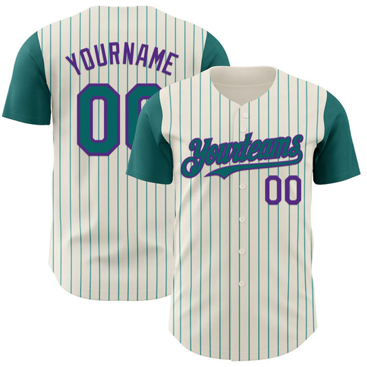 Custom Cream Teal Pinstripe Purple Authentic Two Tone Baseball Jersey - Main View