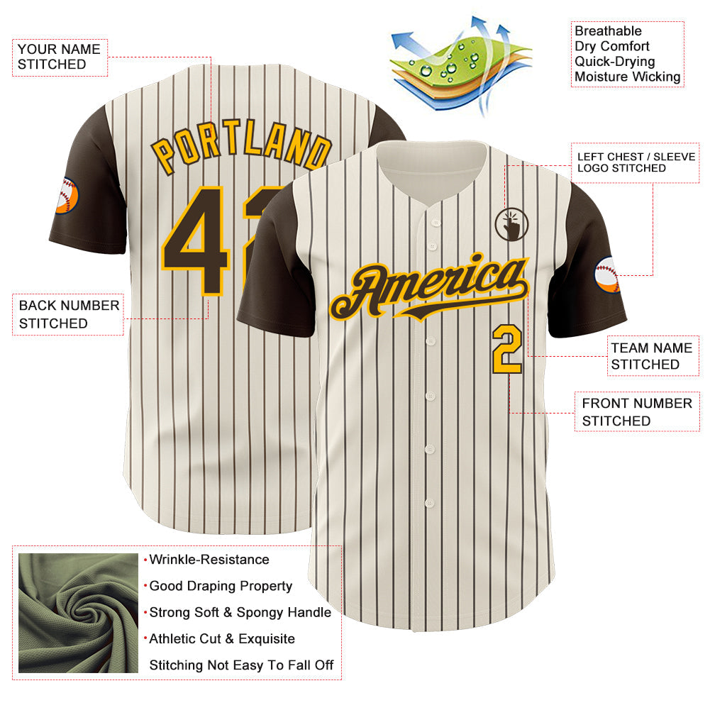Custom Cream Brown Pinstripe Gold Authentic Two Tone Baseball Jersey view 3