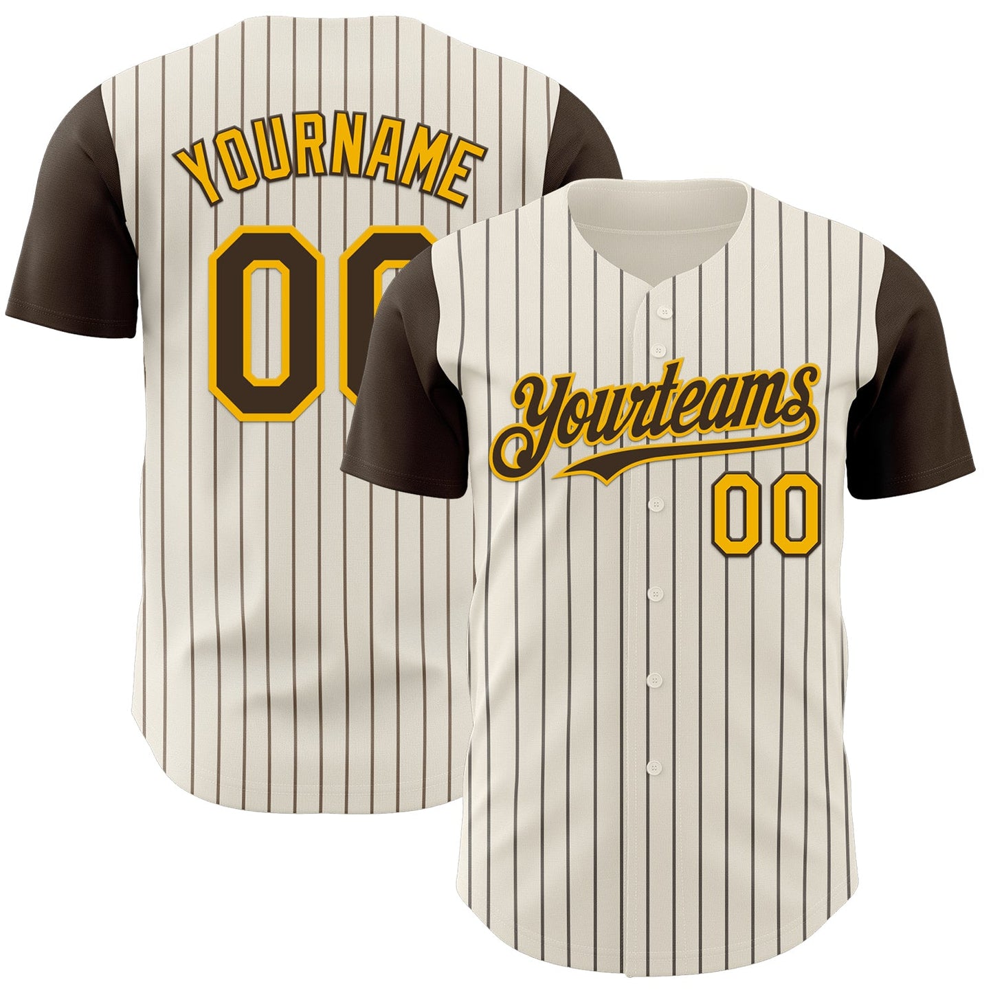 Custom Cream Brown Pinstripe Gold Authentic Two Tone Baseball Jersey - Main View