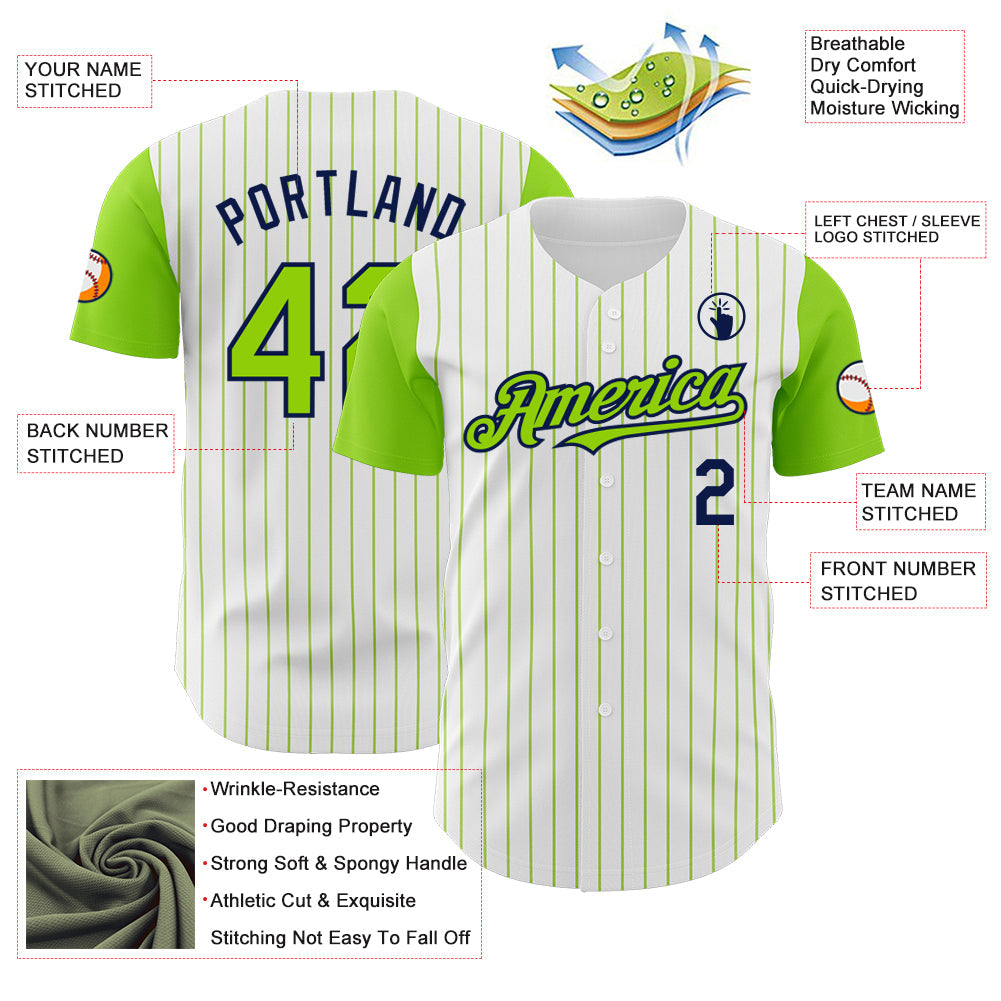 Custom White Neon Green Pinstripe Navy Authentic Two Tone Baseball Jersey view 3