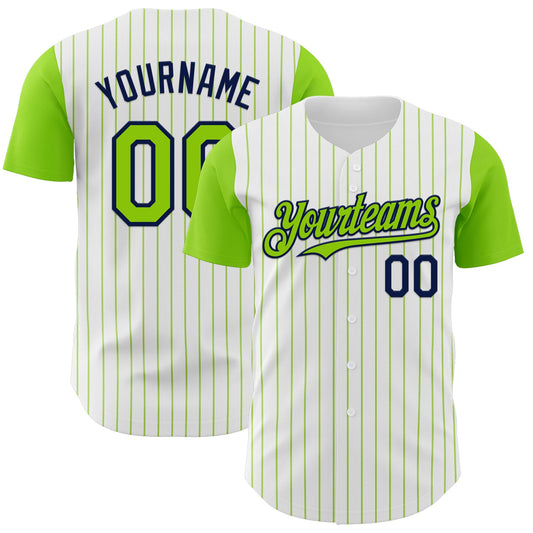 Custom White Neon Green Pinstripe Navy Authentic Two Tone Baseball Jersey - Main View