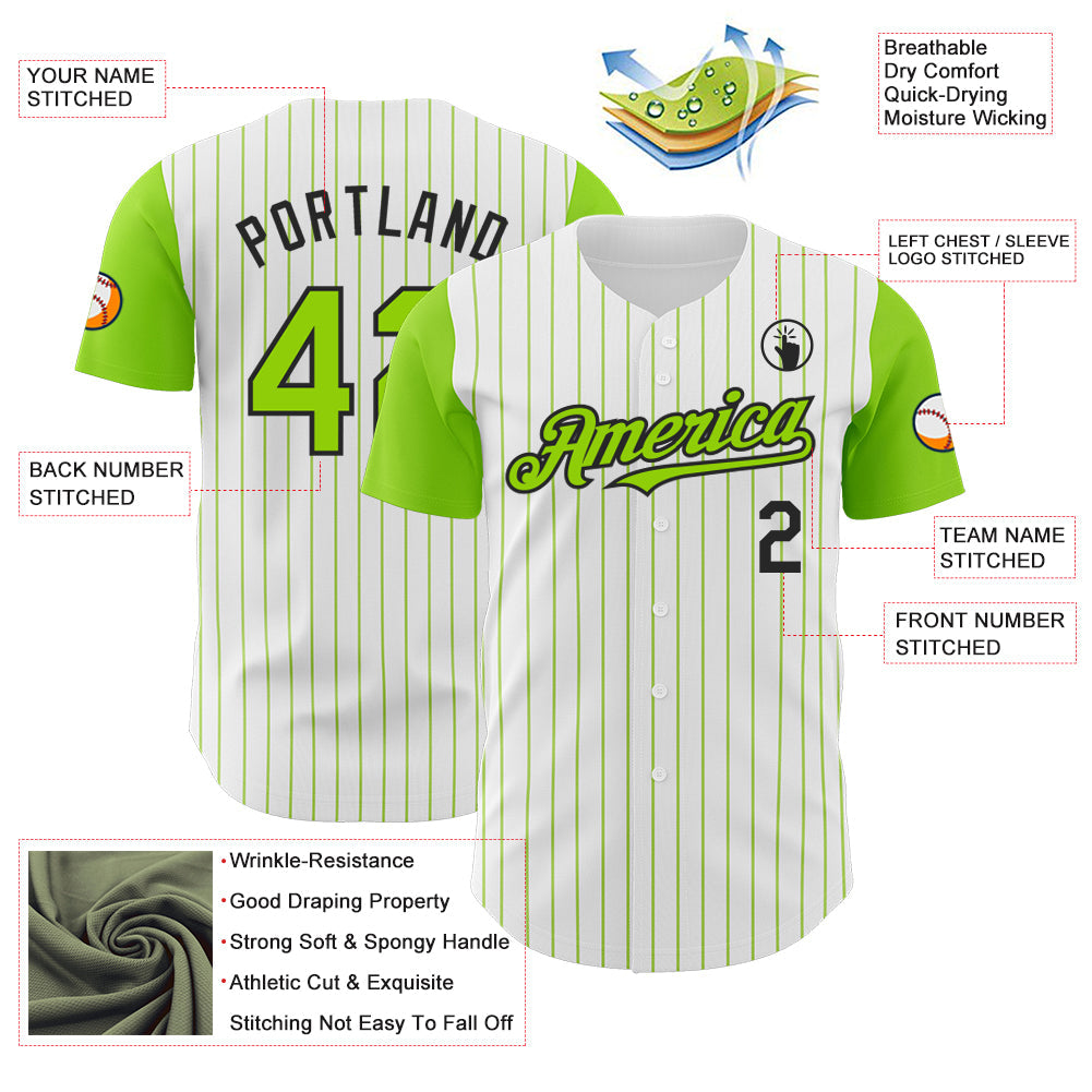 Custom White Neon Green Pinstripe Black Authentic Two Tone Baseball Jersey view 3