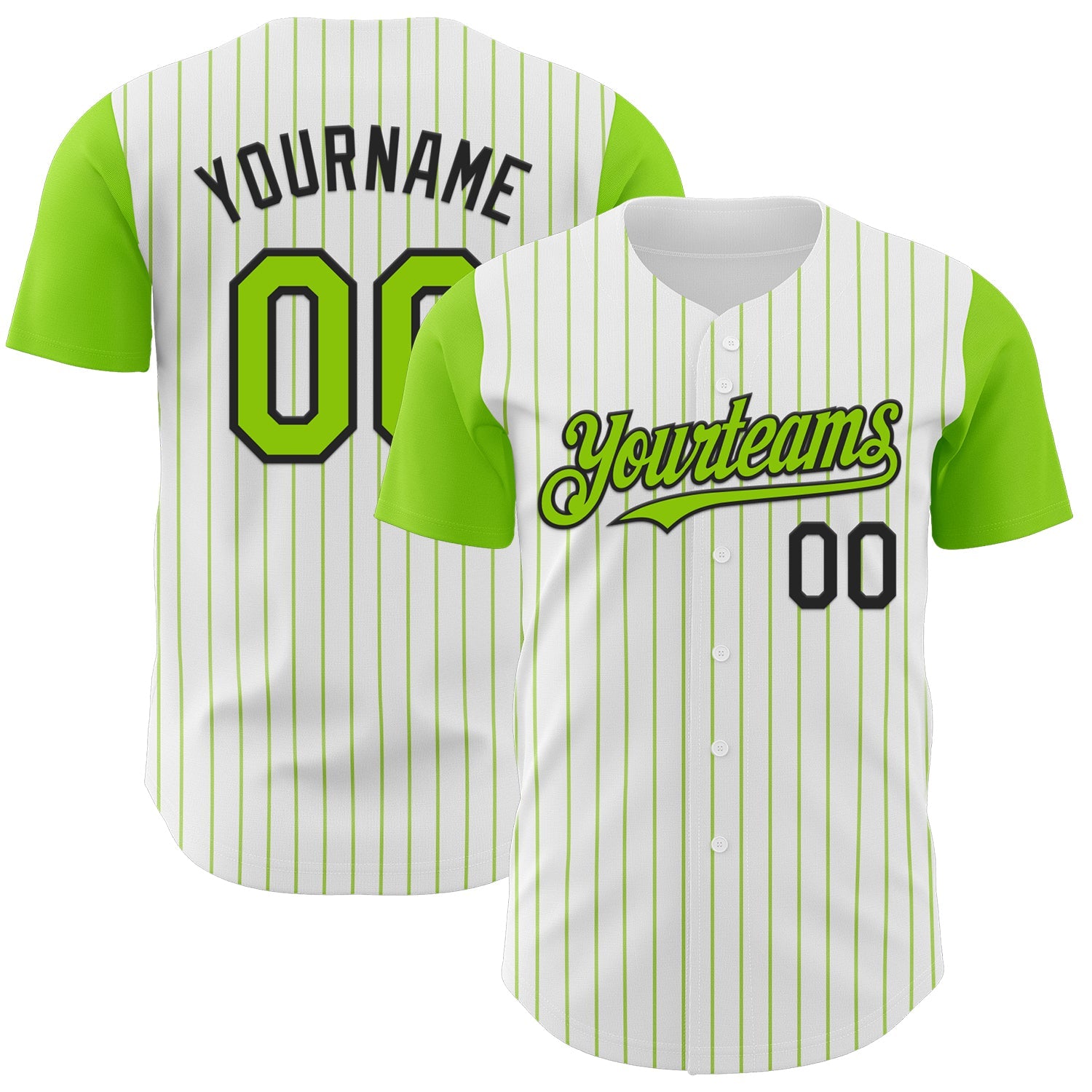 Custom White Neon Green Pinstripe Black Authentic Two Tone Baseball Jersey - Main View