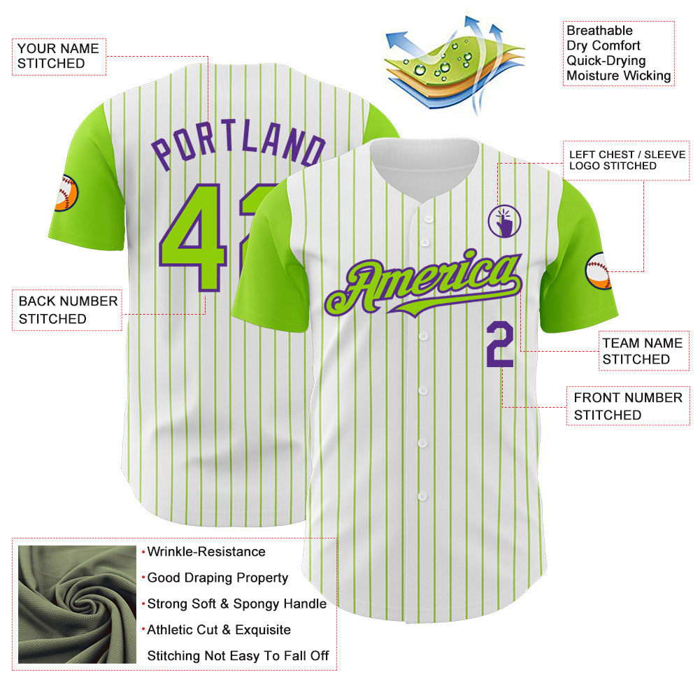 Custom White Neon Green Pinstripe Purple Authentic Two Tone Baseball Jersey view 3