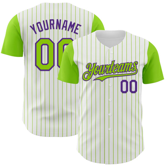 Custom White Neon Green Pinstripe Purple Authentic Two Tone Baseball Jersey - Main View