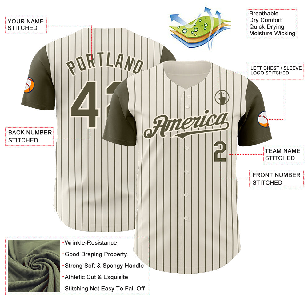 Custom Cream Olive Pinstripe Olive Authentic Two Tone Baseball Jersey view 3