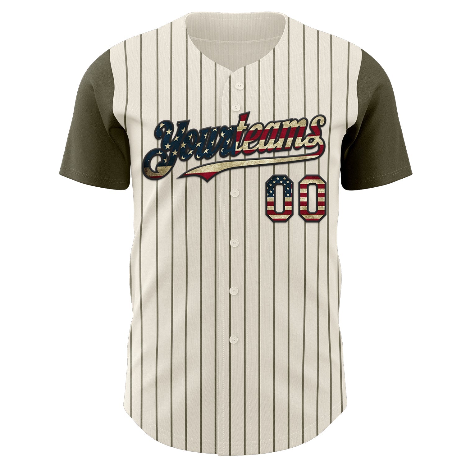 Custom Cream Olive Pinstripe Vintage USA Flag-Black Authentic Two Tone Baseball Jersey view 2