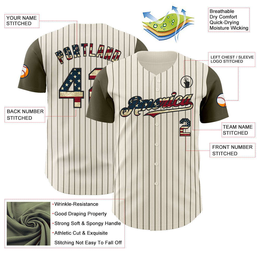 Custom Cream Olive Pinstripe Vintage USA Flag-Black Authentic Two Tone Baseball Jersey view 3