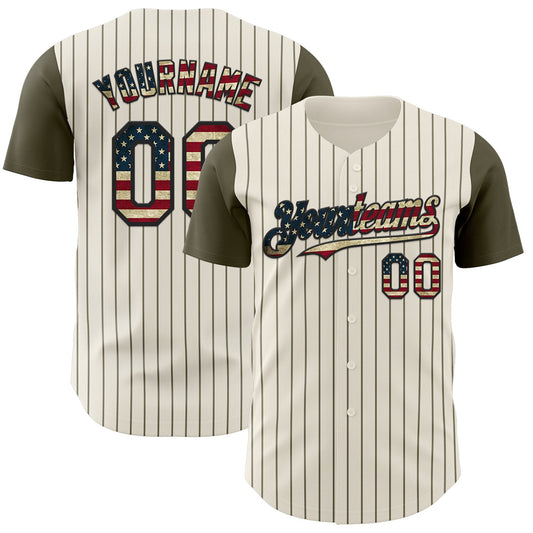 Custom Cream Olive Pinstripe Vintage USA Flag-Black Authentic Two Tone Baseball Jersey - Main View
