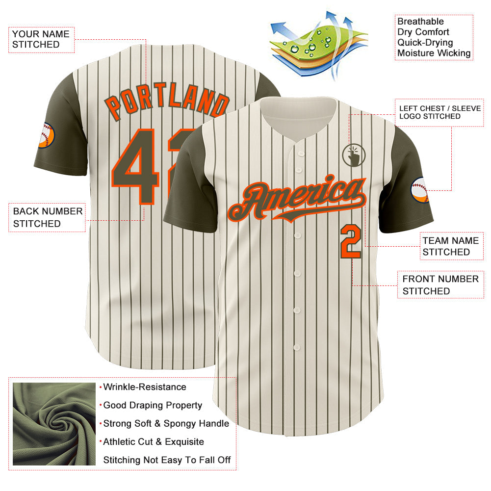 Custom Cream Olive Pinstripe Orange Authentic Two Tone Baseball Jersey view 3