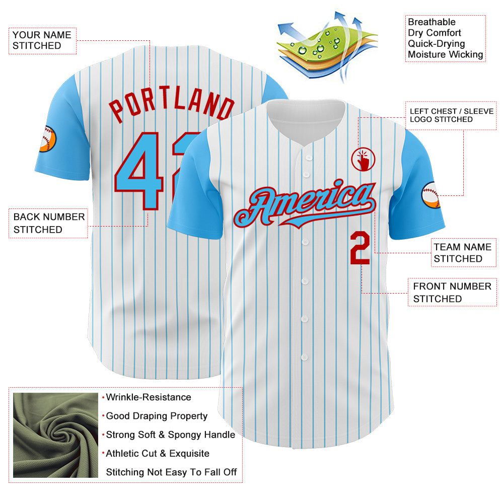 Custom White Sky Blue Pinstripe Red Authentic Two Tone Baseball Jersey view 3