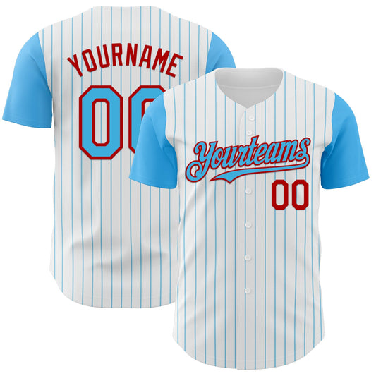 Custom White Sky Blue Pinstripe Red Authentic Two Tone Baseball Jersey - Main View