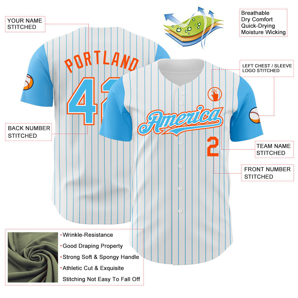 Custom White Sky Blue Pinstripe Orange Authentic Two Tone Baseball Jersey view 3