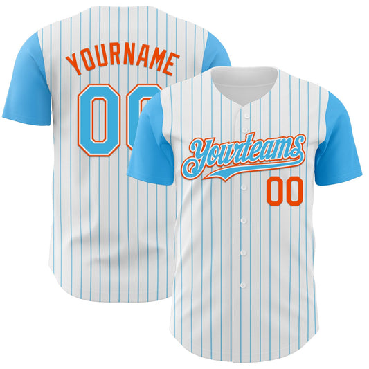 Custom White Sky Blue Pinstripe Orange Authentic Two Tone Baseball Jersey - Main View