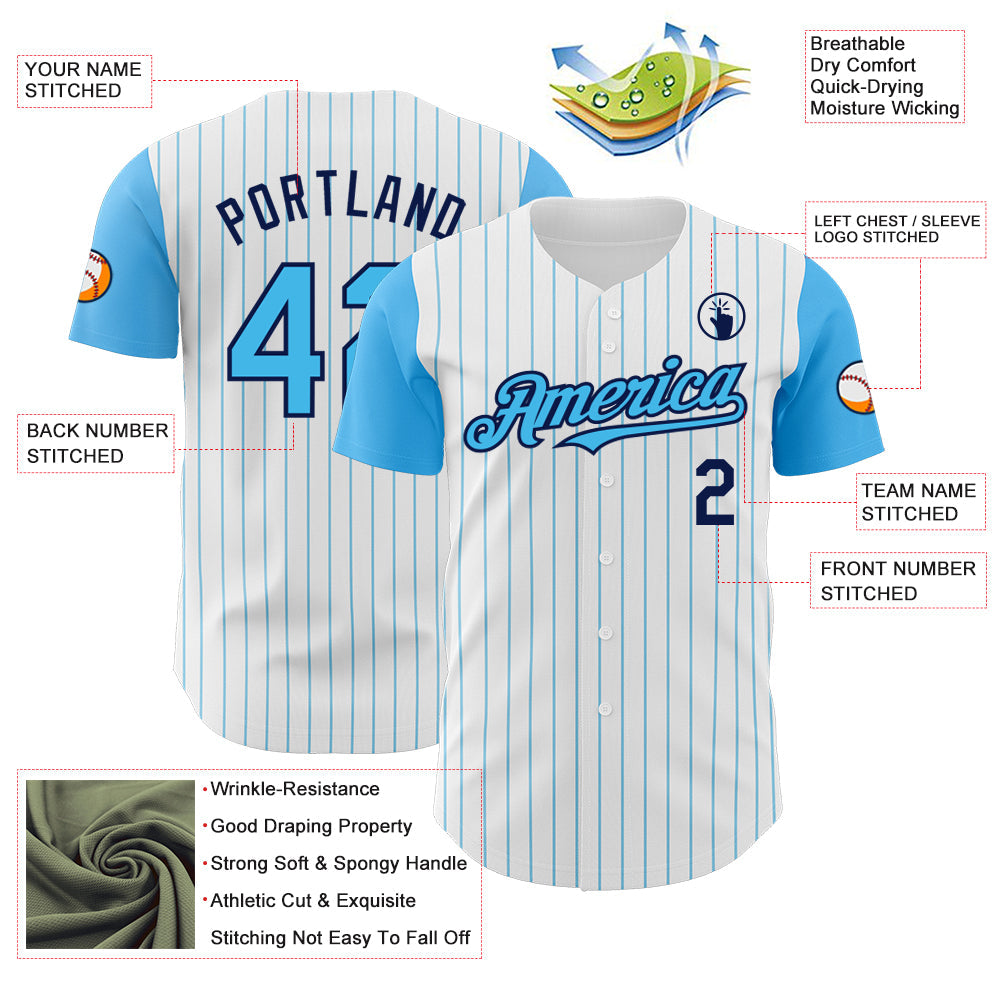 Custom White Sky Blue Pinstripe Navy Authentic Two Tone Baseball Jersey view 3