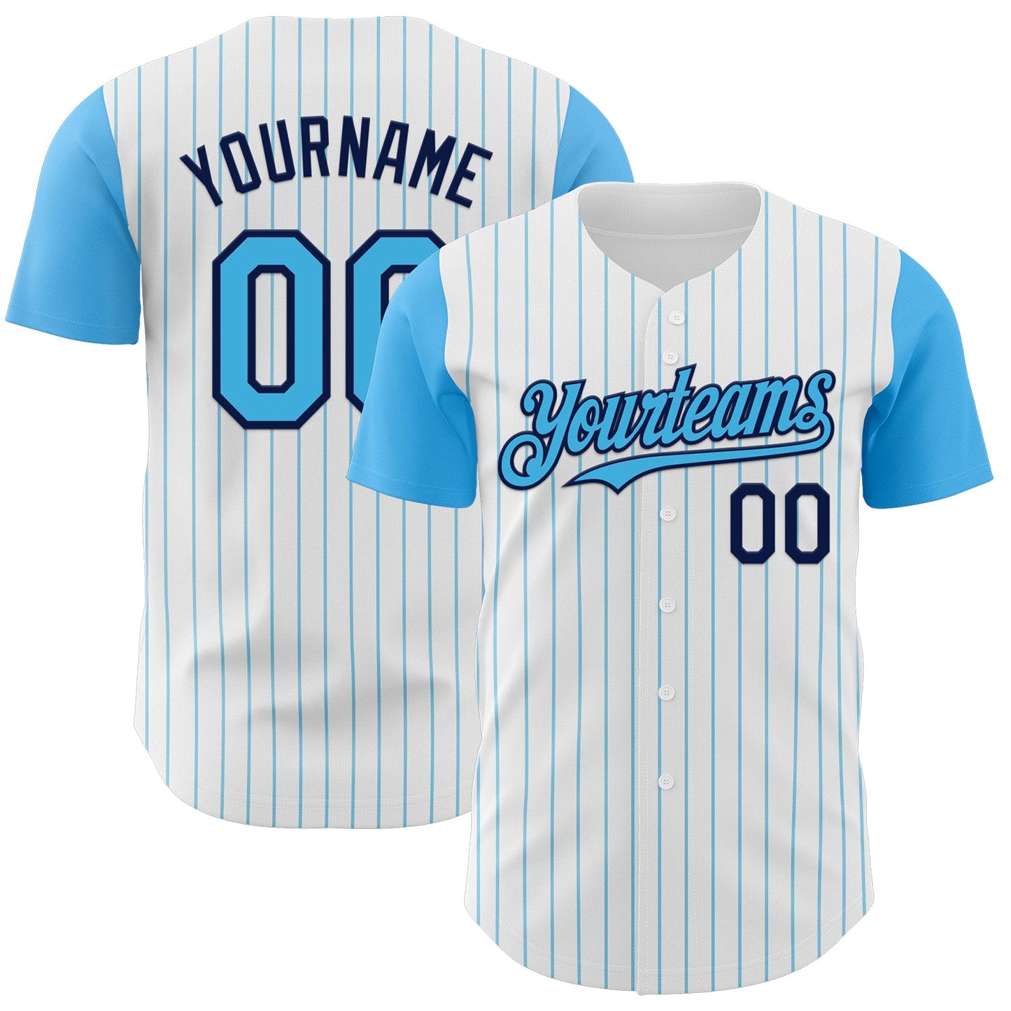 Custom White Sky Blue Pinstripe Navy Authentic Two Tone Baseball Jersey - Main View