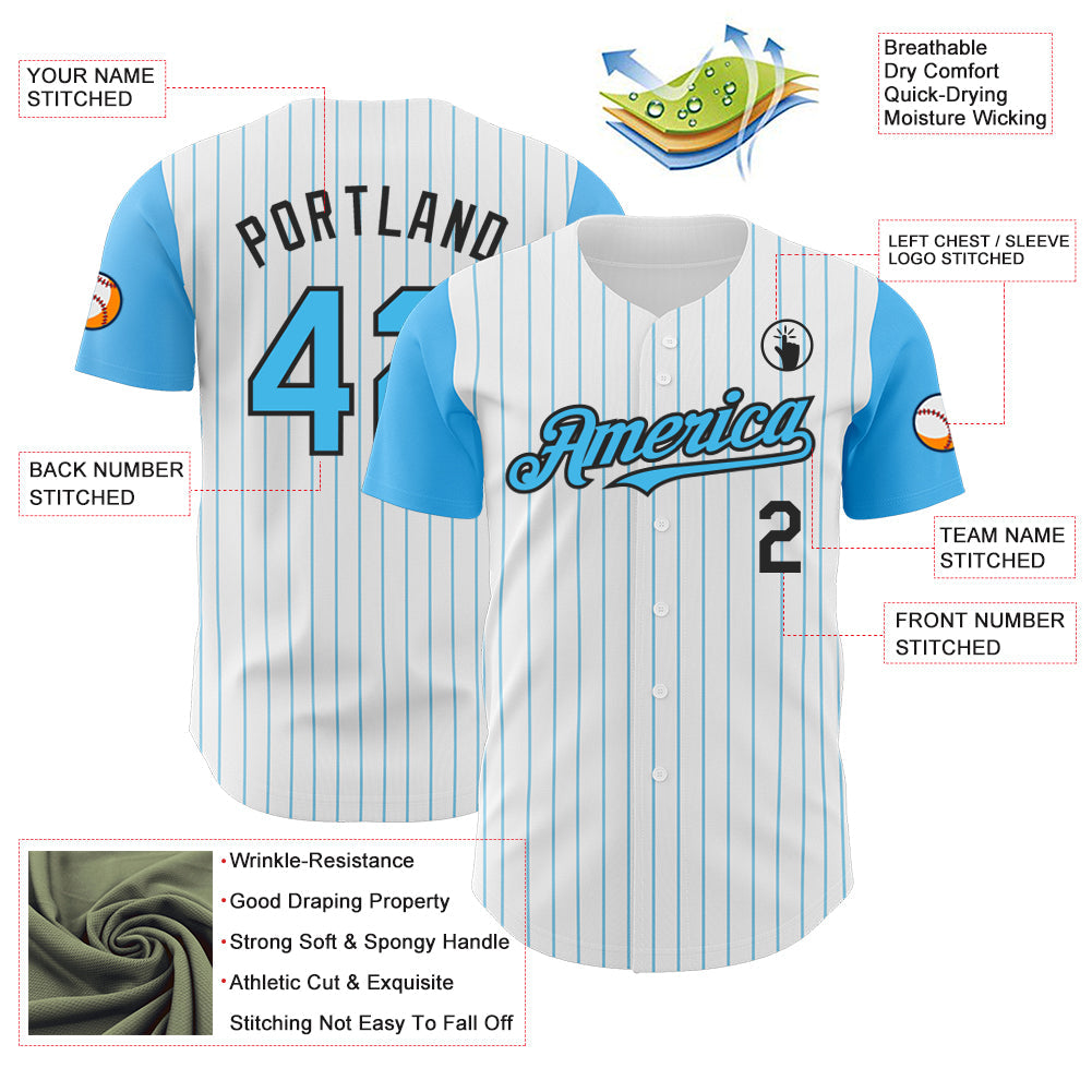 Custom White Sky Blue Pinstripe Black Authentic Two Tone Baseball Jersey view 3