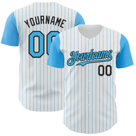 Custom White Sky Blue Pinstripe Black Authentic Two Tone Baseball Jersey - Main View