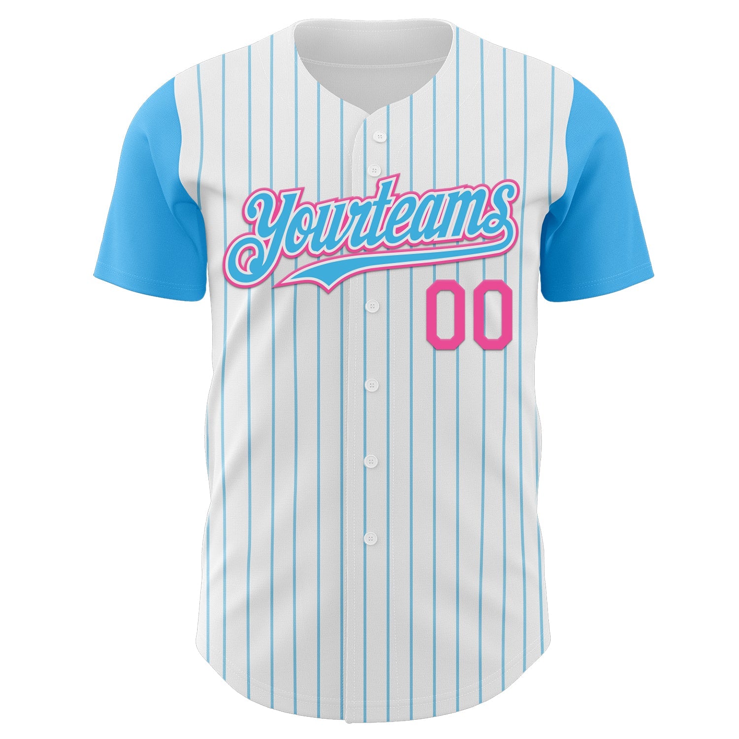 Custom White Sky Blue Pinstripe Pink Authentic Two Tone Baseball Jersey view 2
