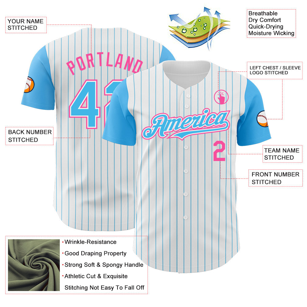 Custom White Sky Blue Pinstripe Pink Authentic Two Tone Baseball Jersey view 3