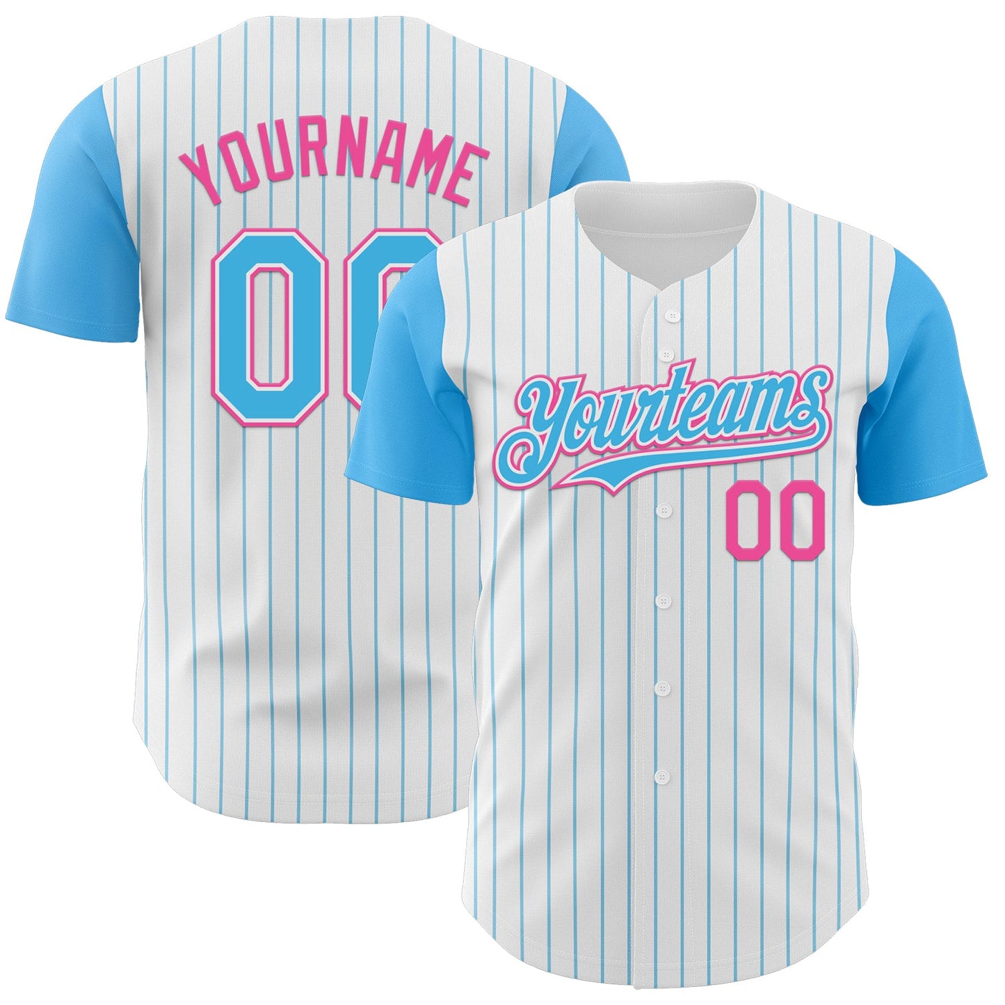 Custom White Sky Blue Pinstripe Pink Authentic Two Tone Baseball Jersey - Main View