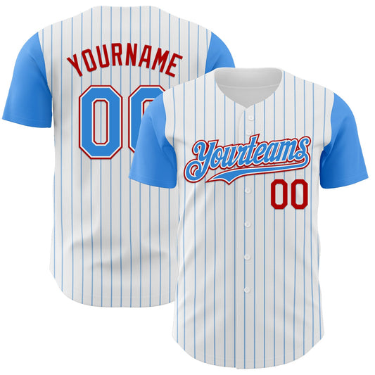 Custom White Electric Blue Pinstripe Red Authentic Two Tone Baseball Jersey - Main View