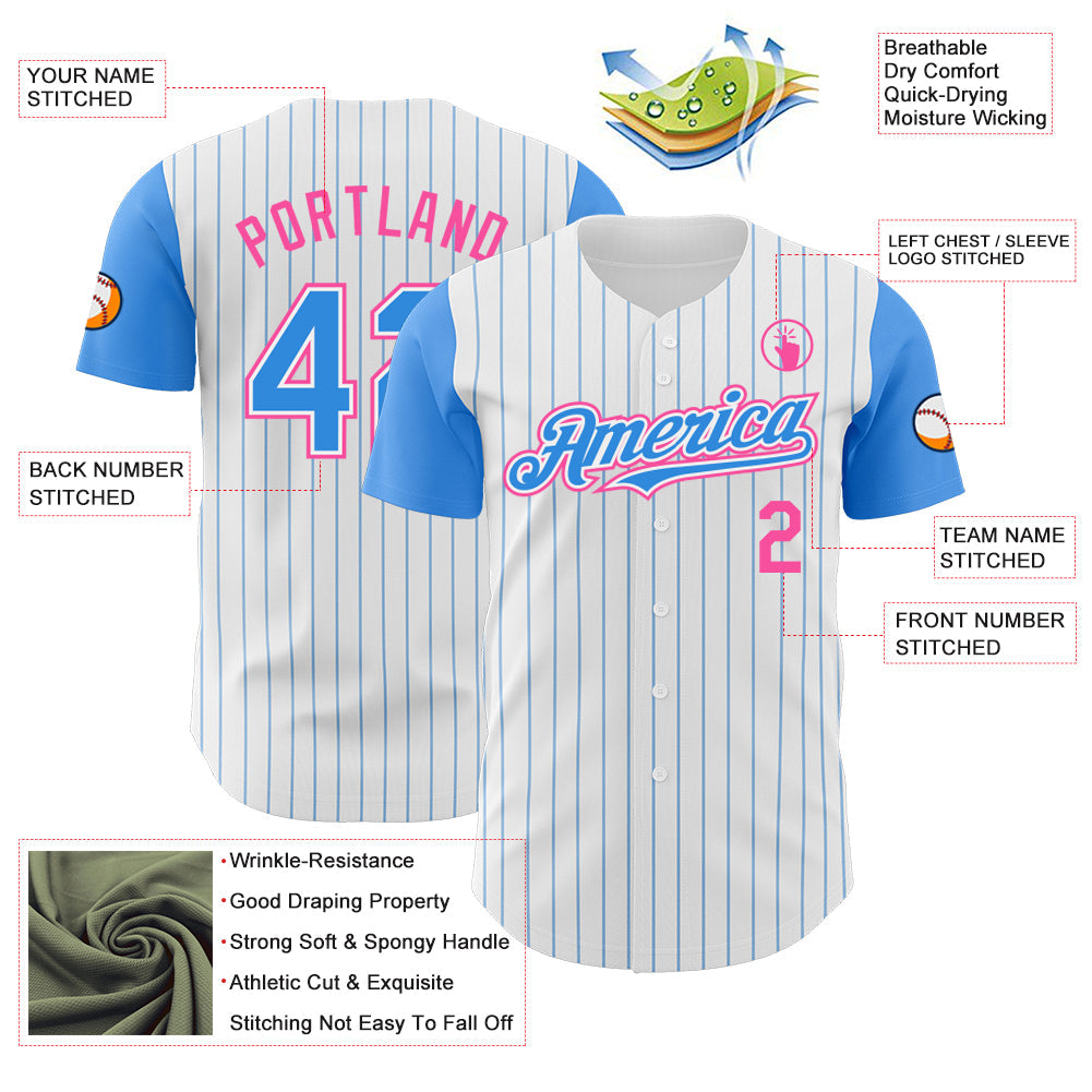 Custom White Electric Blue Pinstripe Pink Authentic Two Tone Baseball Jersey view 3