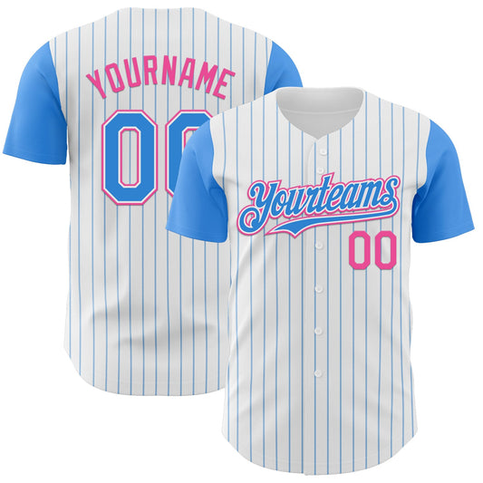 Custom White Electric Blue Pinstripe Pink Authentic Two Tone Baseball Jersey - Main View